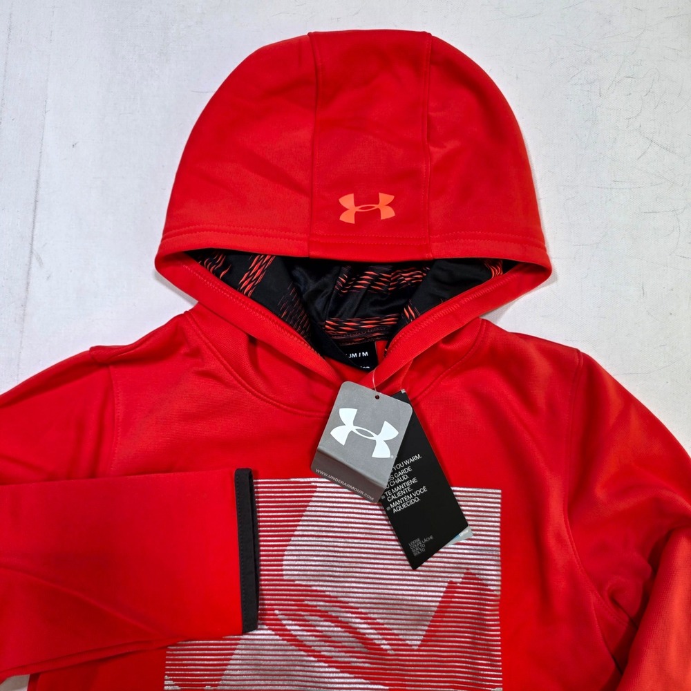 Under Armour Hoodie Boys Youth Medium Red ColdGear Graphic Pullover 1329481